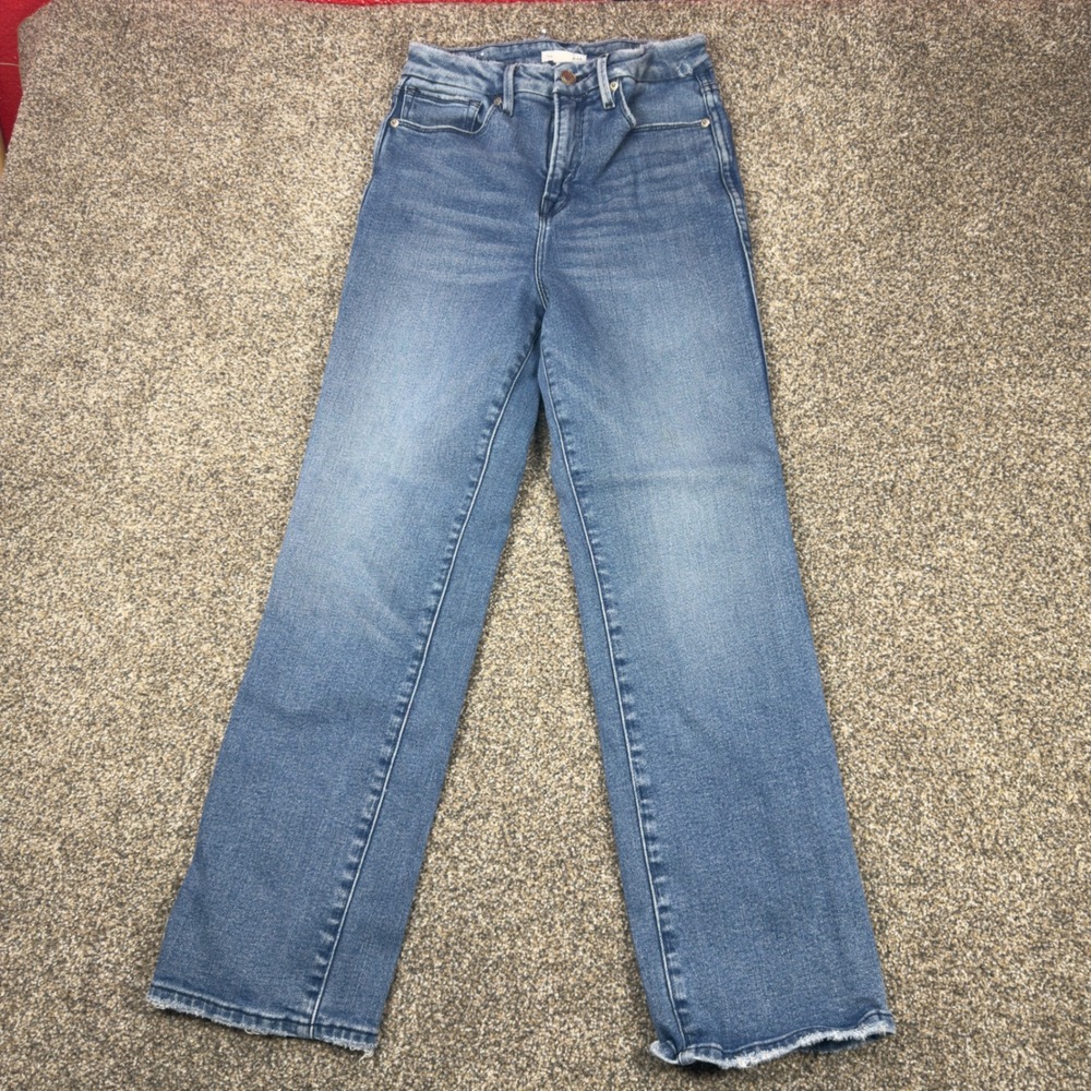 Good American High Rise Straight Leg Raw Hem Jeans Blue Wash Size 2/26 CCSNF602T